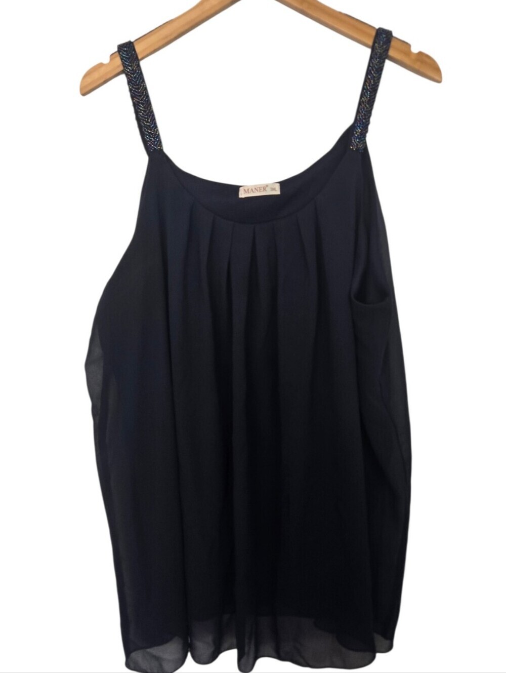 💙 MANER Navy Beaded Strap Chiffon Tank Top Plus Size 3XL - Picture 2 of 6